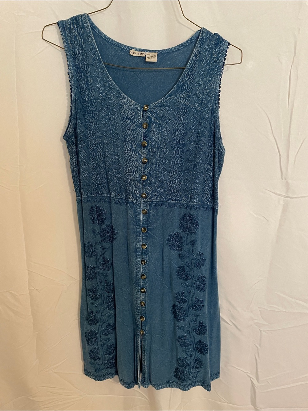 raya sun Blue Embroidered Button-Front Mini Dress